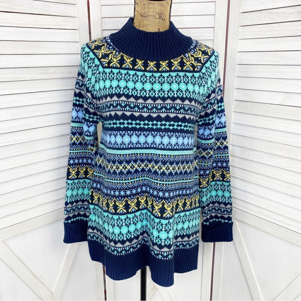 New York & Company Sweater Fair Isle Pull Over Blue Multi Medium Mock Neck